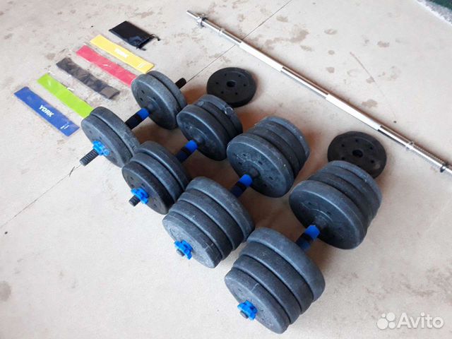 Гантели новые 2 по 10, 2 по 15, гриф 125 см