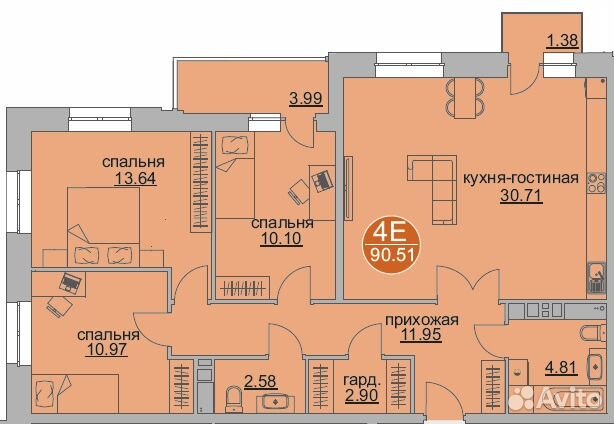 4-к квартира, 90.5 м², 18/18 эт.