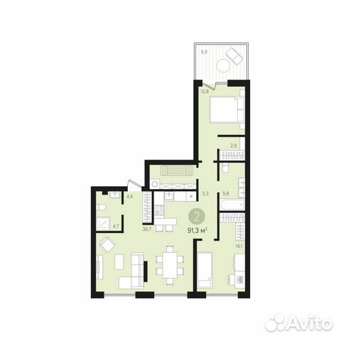 2-к квартира, 91.2 м², 1/8 эт.