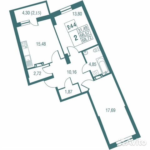 2-к квартира, 68.7 м², 3/25 эт.