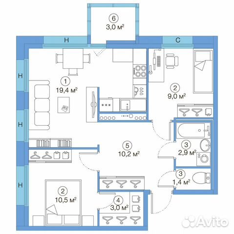 2-к квартира, 56.4 м², 22/25 эт.
