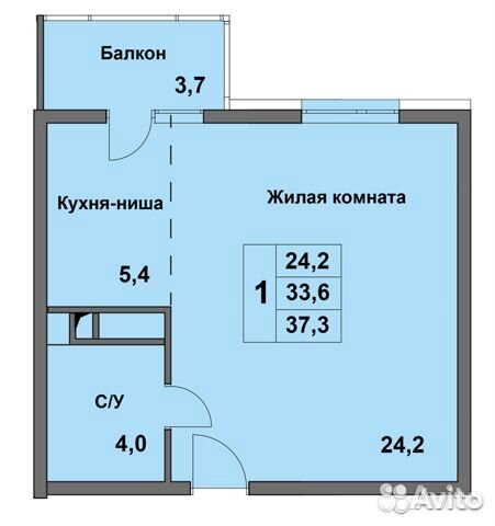 1-к квартира, 37.3 м², 1/8 эт.