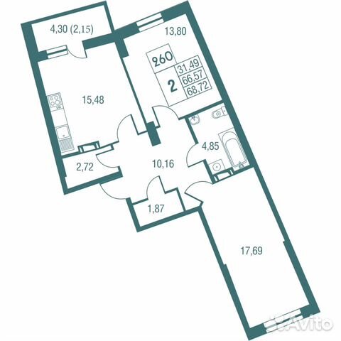 2-к квартира, 68.7 м², 7/25 эт.