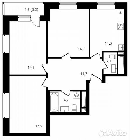 3-к квартира, 76.9 м², 13/25 эт.