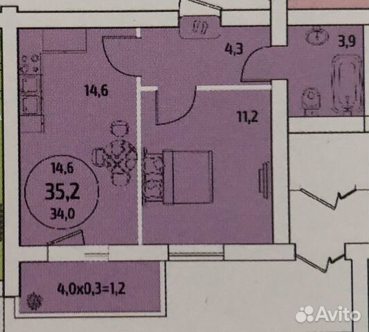 1-к квартира, 35.2 м², 3/6 эт.