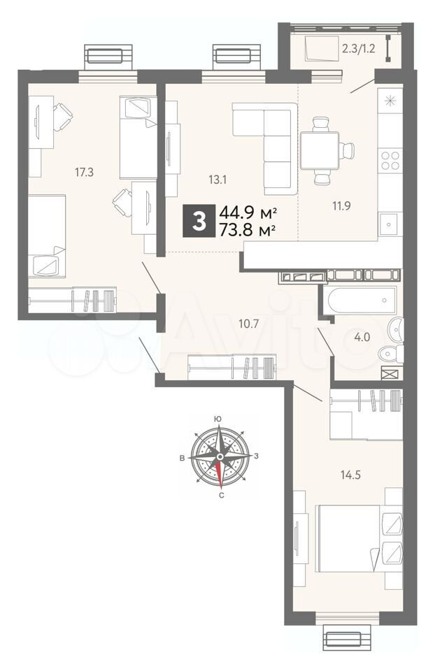 3-к квартира, 73.8 м², 4/17 эт.