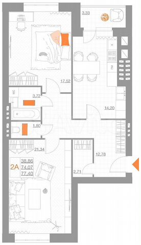2-к. квартира, 77,4 м², 4/5 эт.