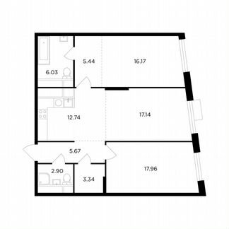 3-к квартира, 87.4 м², 25/26 эт.