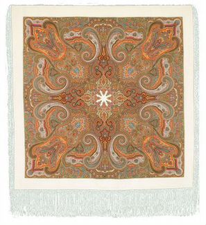 Платок чистошерстяной набивной с шелковой бахромой
