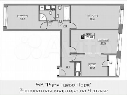 3-к квартира, 76.2 м², 4/22 эт.