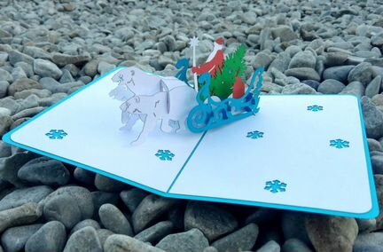 3D открытка Дед Мороз на санях с медведями