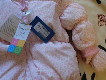 Новый зимний комбинезон baby GO бело/роз. Пух 86