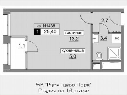 Квартира-студия, 25.4 м², 18/22 эт.