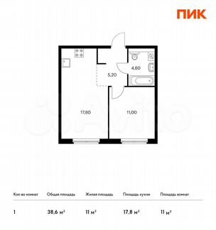 1-к квартира, 38.6 м², 7/12 эт.